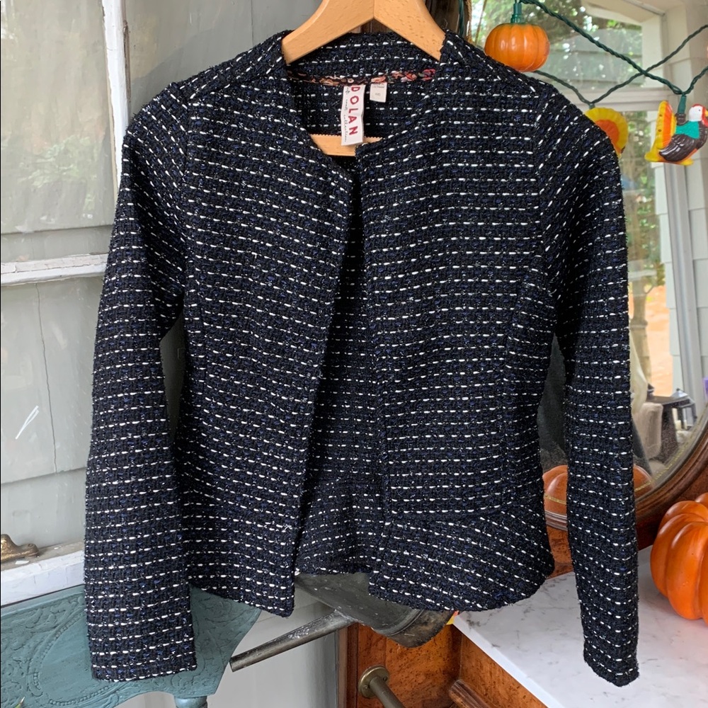 Dolan Anthropologie Shimmer Black, Blue, White and Metallic Tweed Jacket